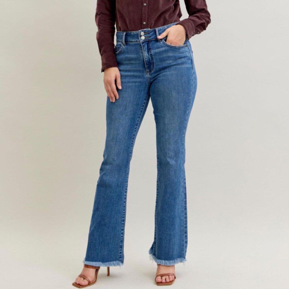 Judy Blue High Waist  Double Button WB & Fray Hem Boot cut Jeans